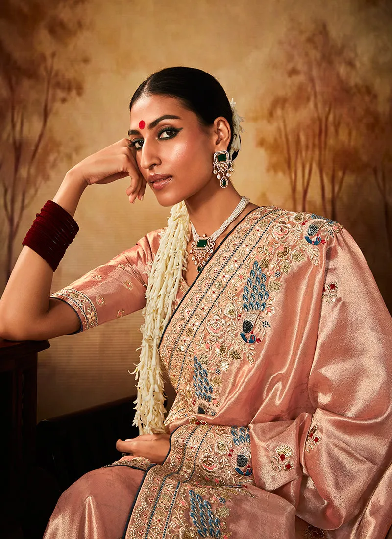 Peach Multi Embroidery Banarasi Kanjivaram Silk Saree