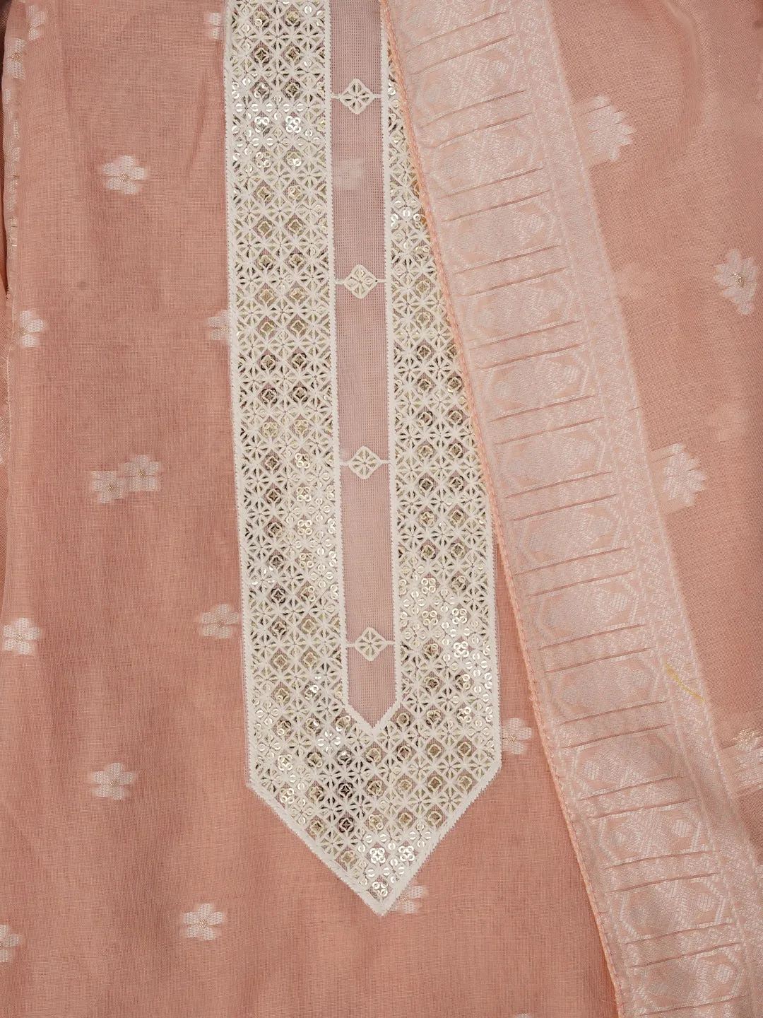 Peach Zari Woven Cotton Blend Dress Material with Dupatta