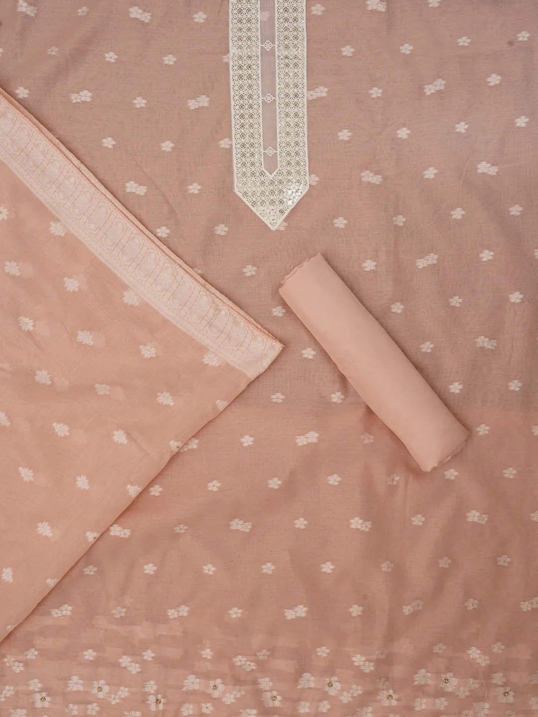 Peach Zari Woven Cotton Blend Dress Material with Dupatta