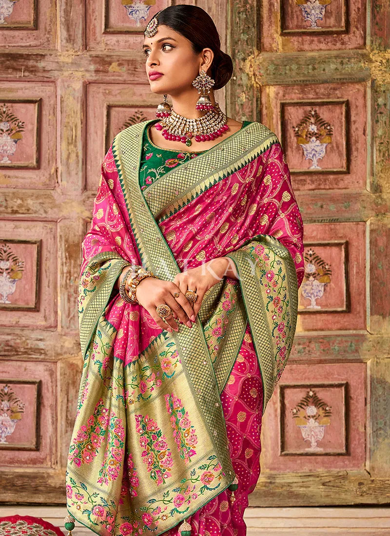 Pink And Green Multi Embroidery Traditional Silk Saree