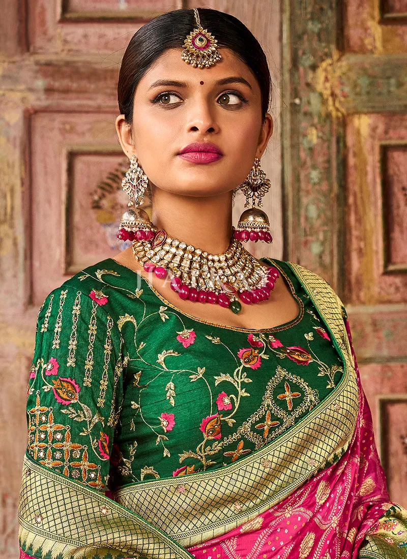 Pink And Green Multi Embroidery Traditional Silk Saree