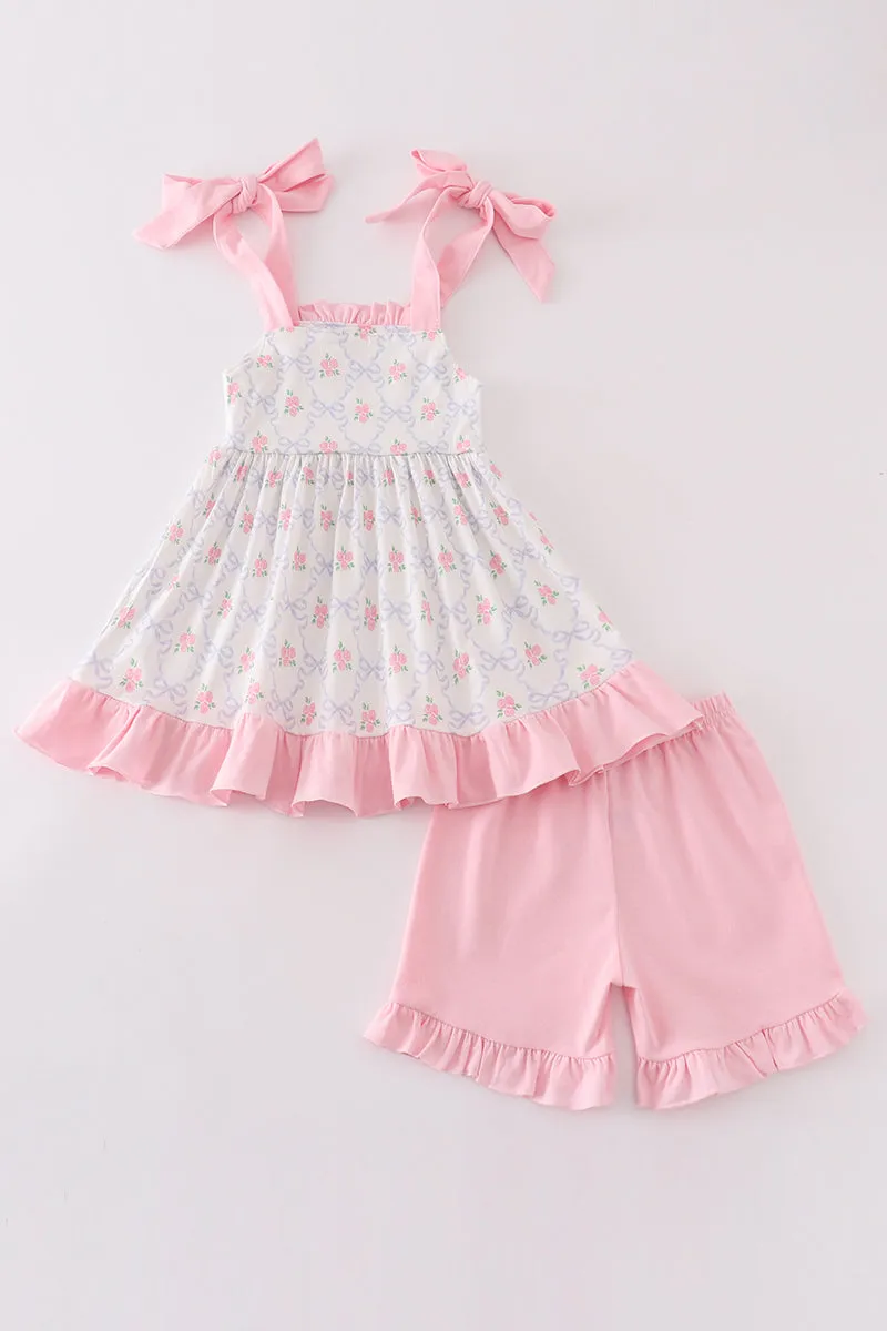 Pink Bow Floral Print Girl Set