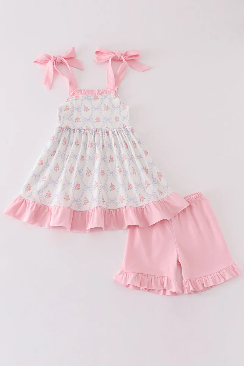 Pink Bow Floral Print Girl Set