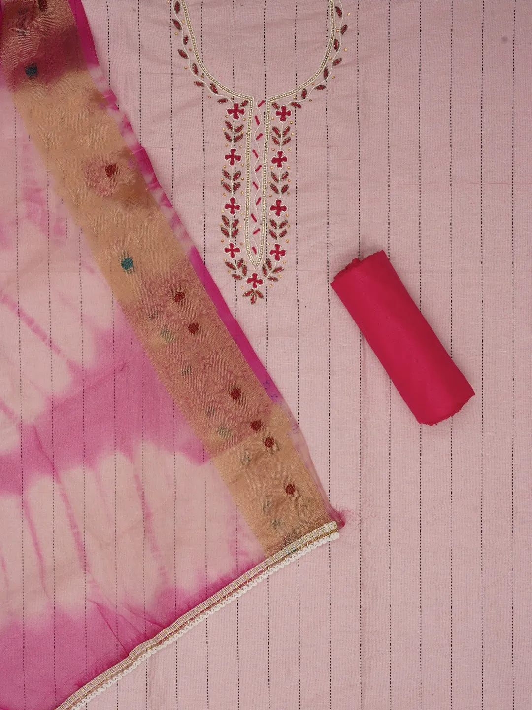 Pink Cotton Woven Design Embellished Dress Material with Dupatta