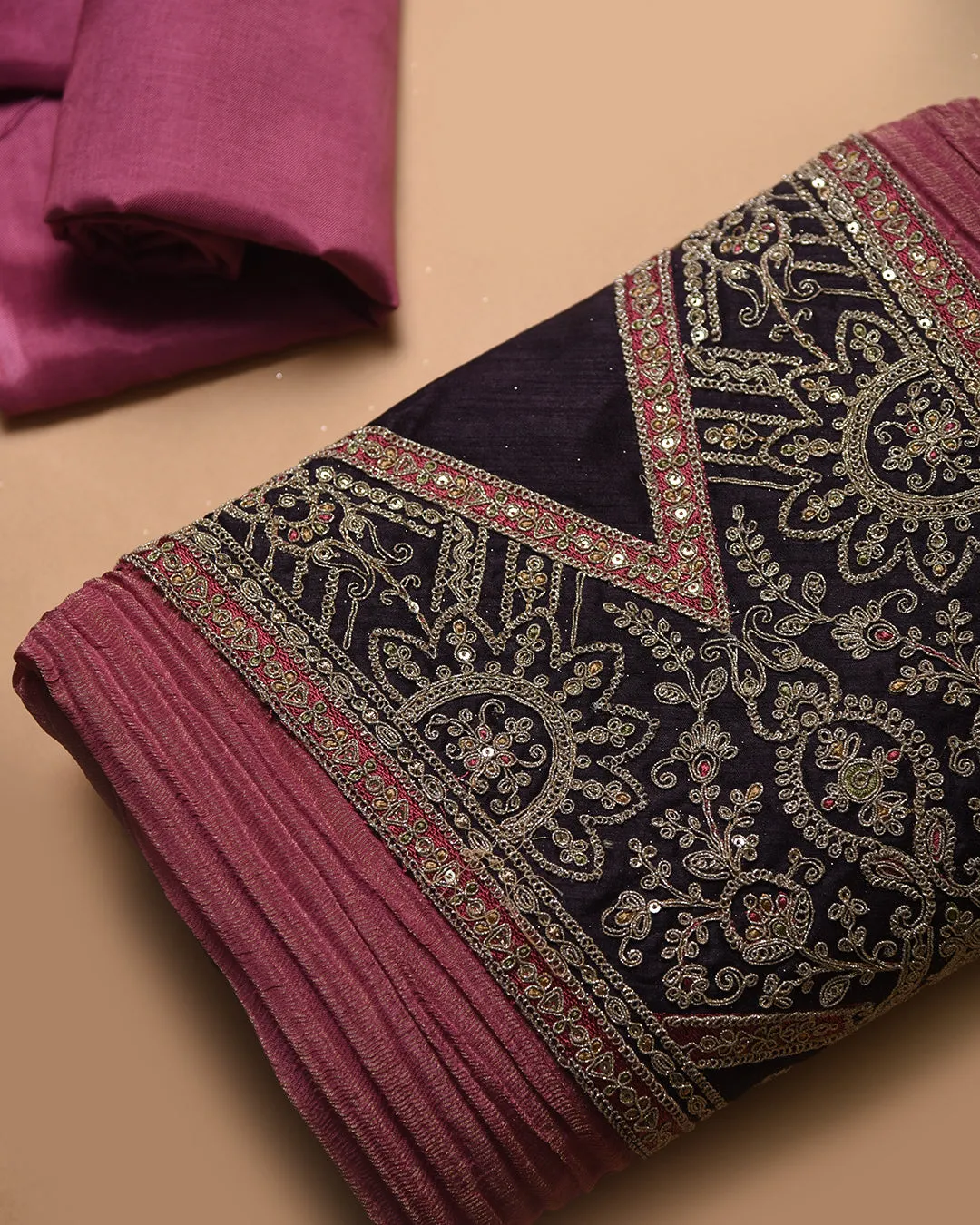 Pink Crushed Woven Chanderi Blend Embroidered Unstitched Suit Fabric Set With Shimmer Georgette Dupatta
