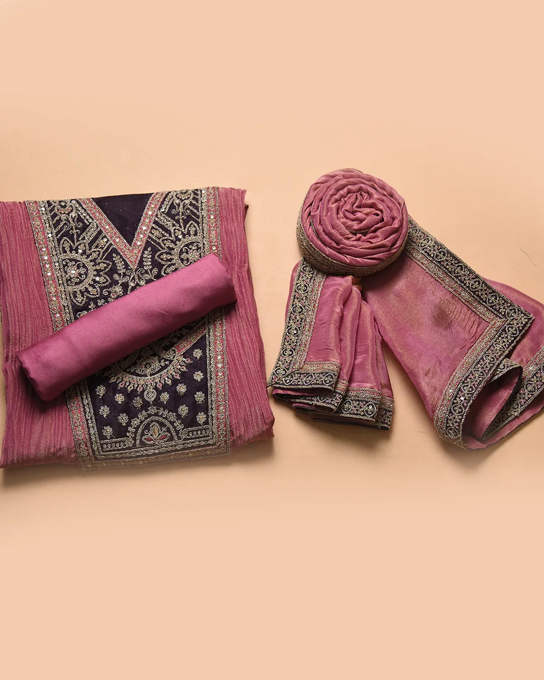 Pink Crushed Woven Chanderi Blend Embroidered Unstitched Suit Fabric Set With Shimmer Georgette Dupatta