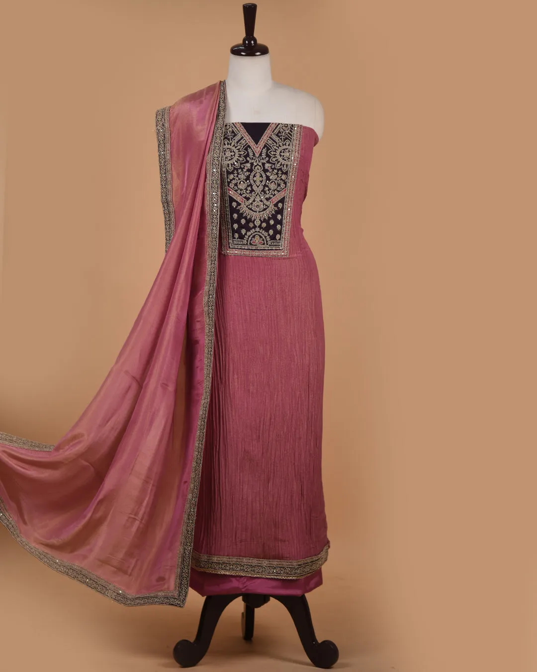 Pink Crushed Woven Chanderi Blend Embroidered Unstitched Suit Fabric Set With Shimmer Georgette Dupatta