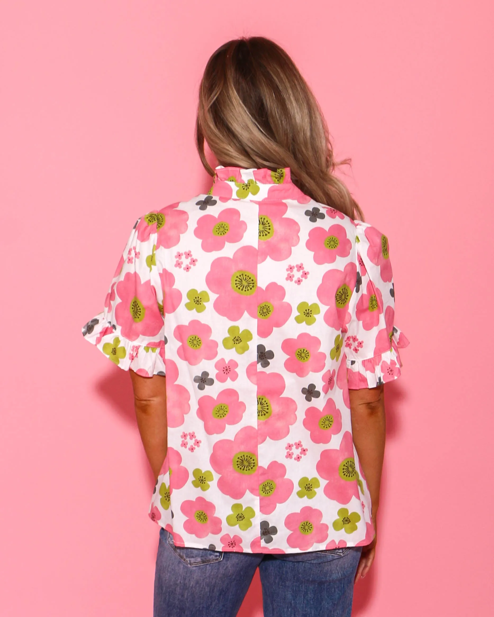 Pink Floral Print Ruffle Edged Short Sleeve Top