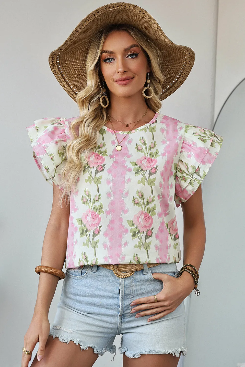 Pink Floral Print Striped Ruffled Sleeve Top