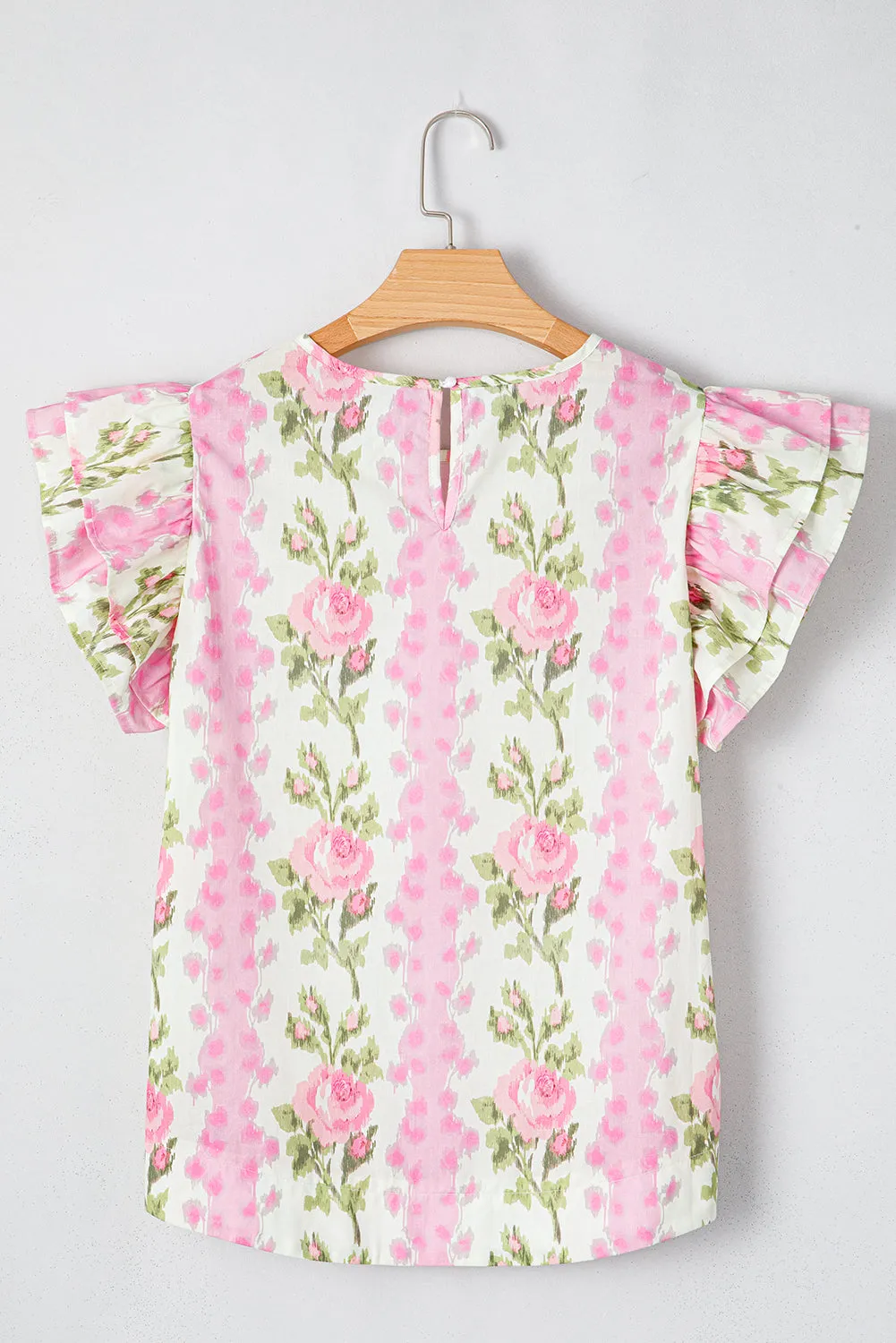 Pink Floral Print Striped Ruffled Sleeve Top