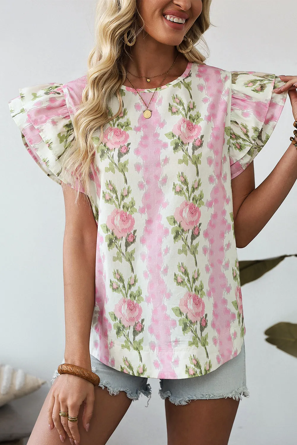 Pink Floral Print Striped Ruffled Sleeve Top