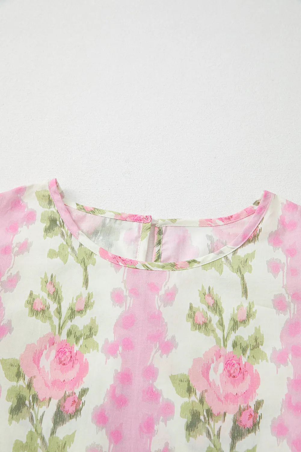 Pink Floral Print Striped Ruffled Sleeve Top