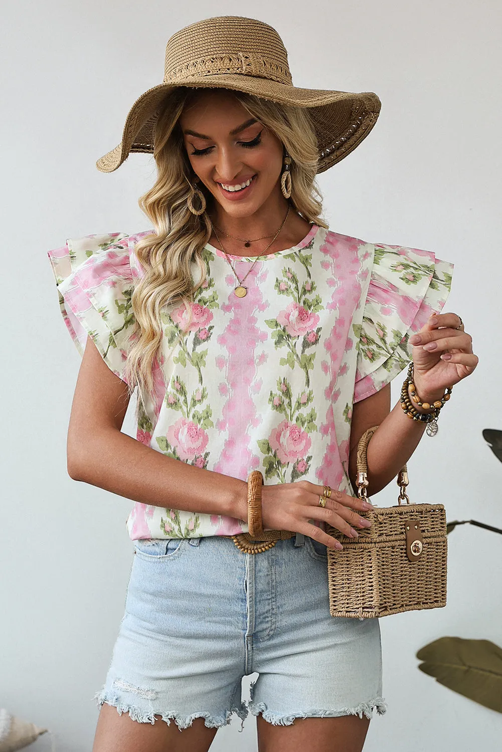 Pink Floral Print Striped Ruffled Sleeve Top