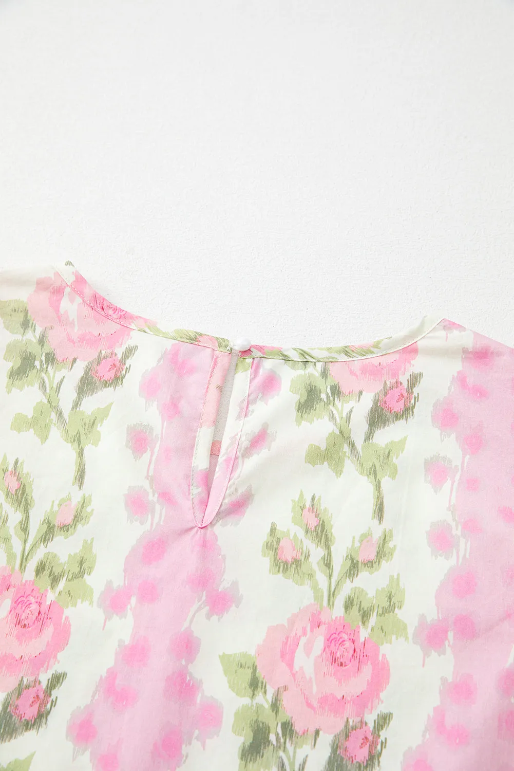 Pink Floral Print Striped Ruffled Sleeve Top