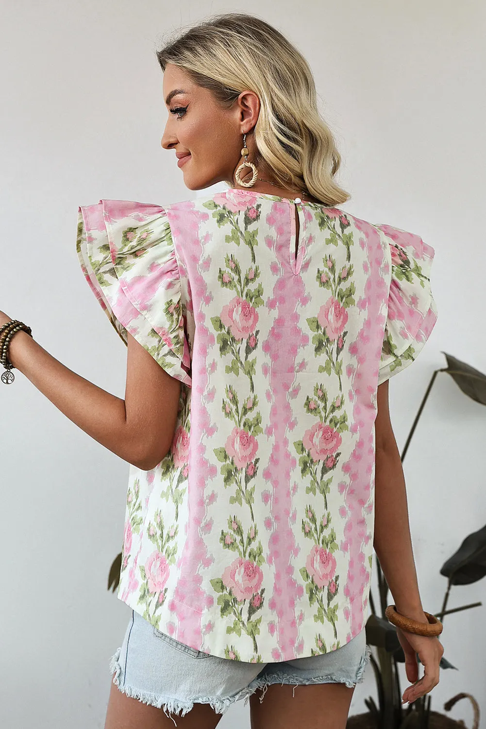 Pink Floral Print Striped Ruffled Sleeve Top