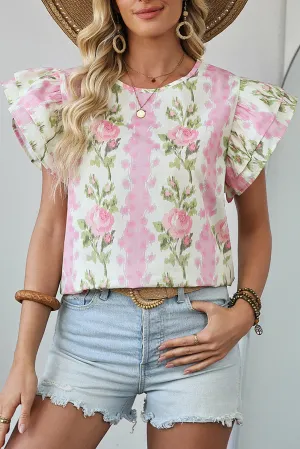 Pink Floral Print Striped Ruffled Sleeve Top