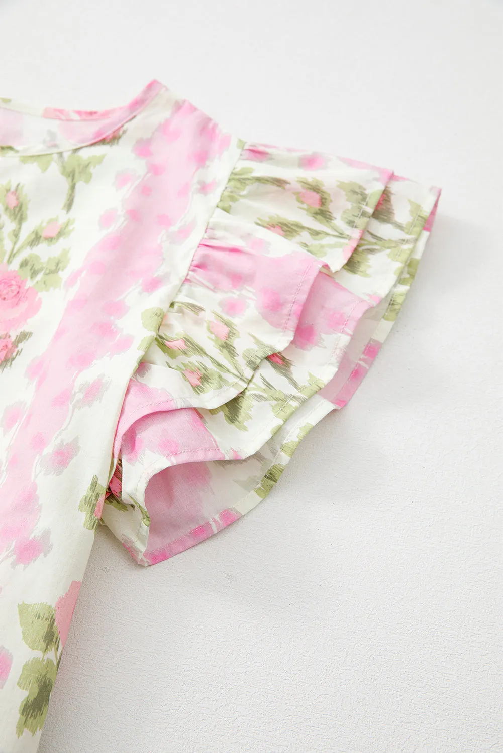 Pink Floral Print Striped Ruffled Sleeve Top