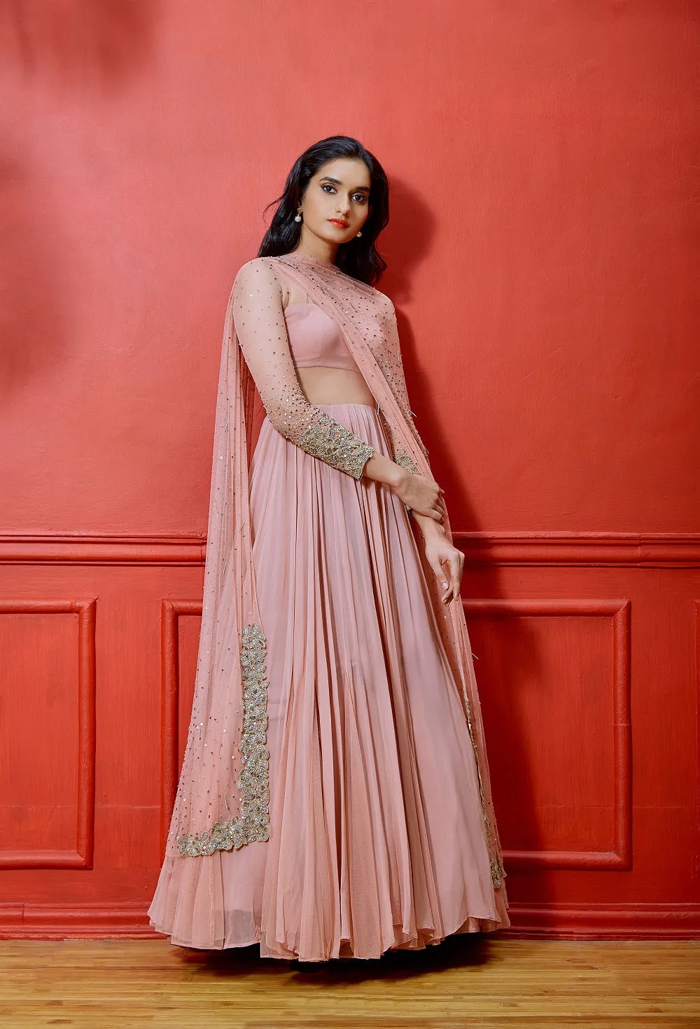 Pink Full Sleeve Anarkali with Embellished Dupatta