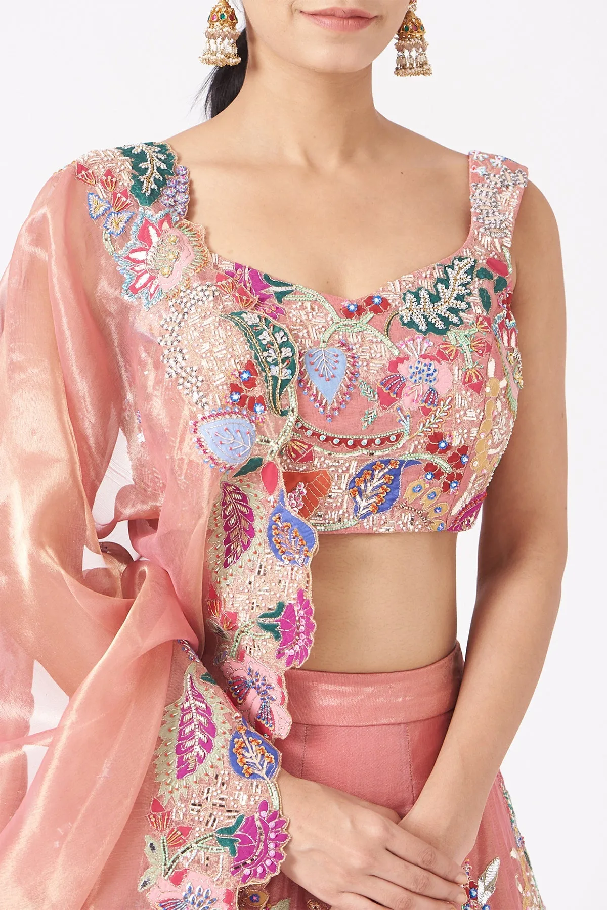 Pink Juna Tissue Appliquéd And Embellished Lehenga With Blouse And Cutwork Tissue Dupatta