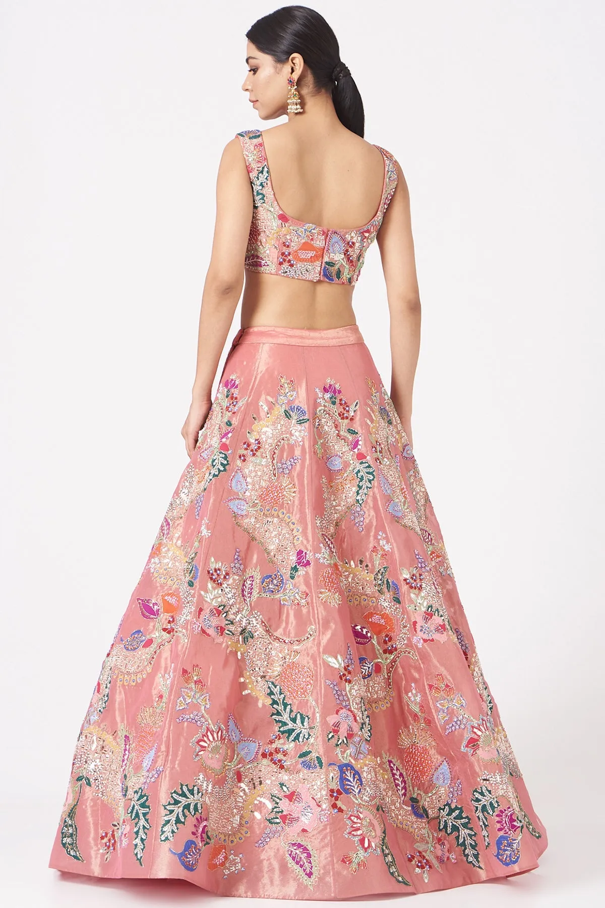 Pink Juna Tissue Appliquéd And Embellished Lehenga With Blouse And Cutwork Tissue Dupatta