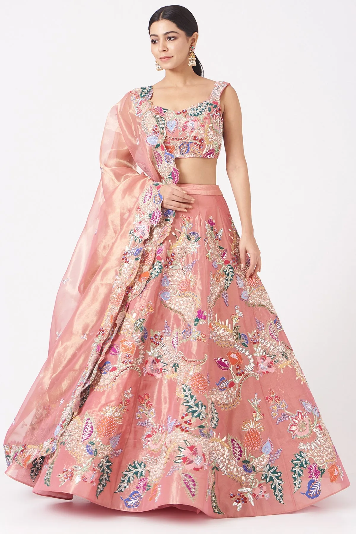 Pink Juna Tissue Appliquéd And Embellished Lehenga With Blouse And Cutwork Tissue Dupatta
