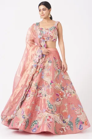 Pink Juna Tissue Appliquéd And Embellished Lehenga With Blouse And Cutwork Tissue Dupatta
