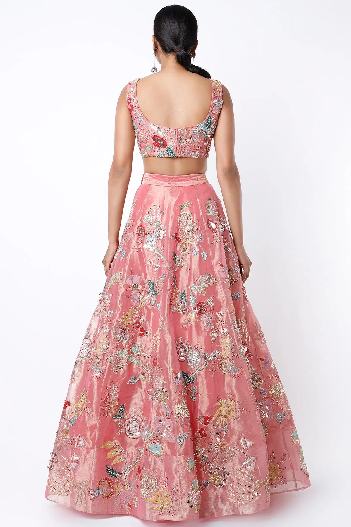 Pink Paper Dolls Tissue Appliquéd And Embellished Lehenga With Blouse And Cutwork Tissue Dupatta