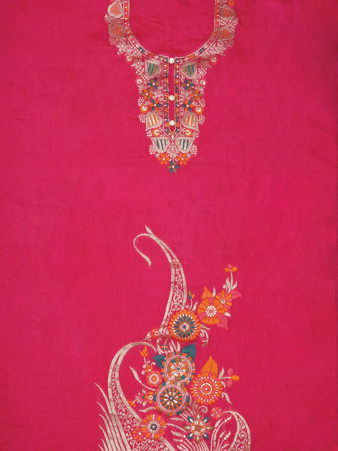 Pink Unstitched Zari Silk Blend Dress Material With Dupatta