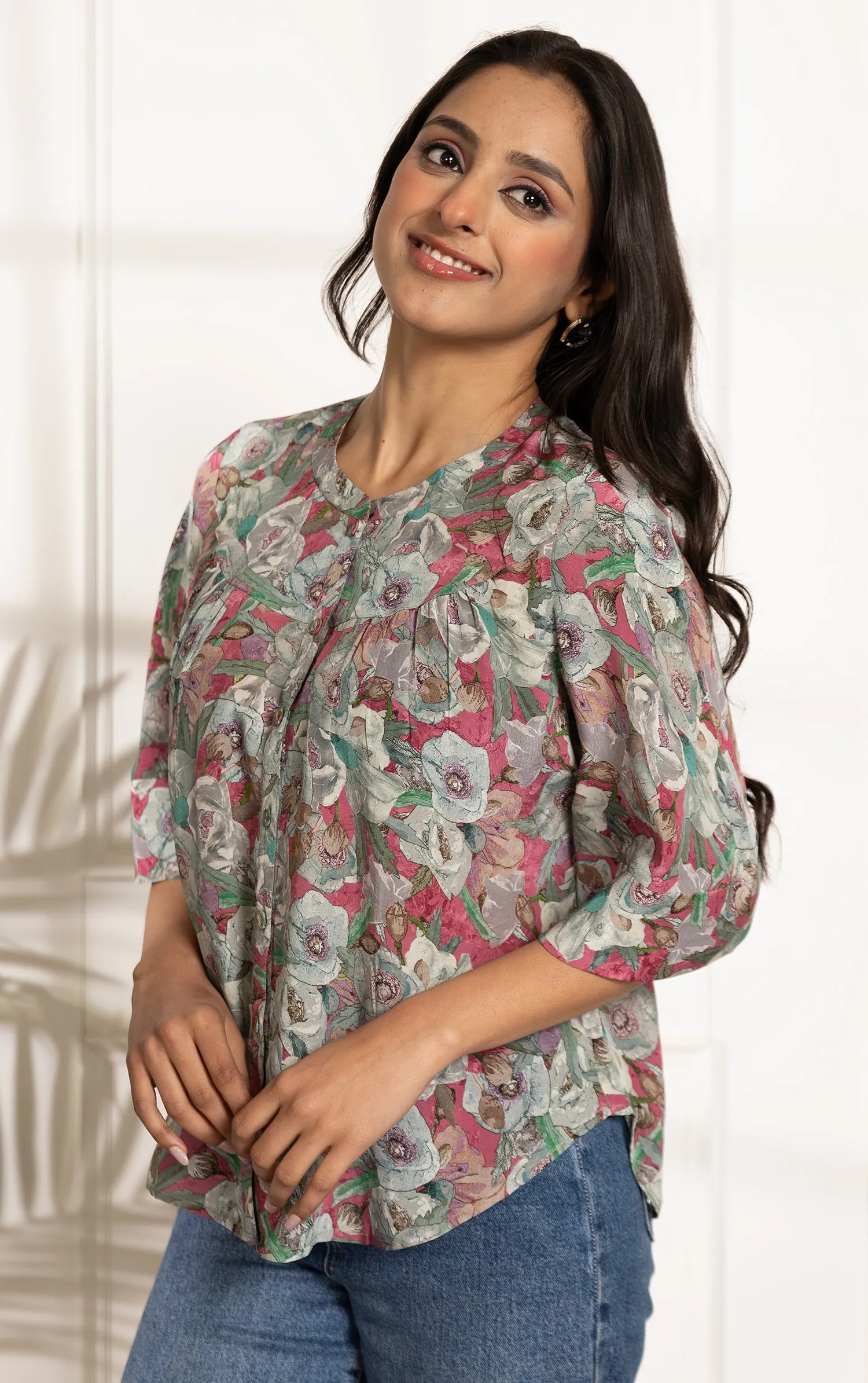 Pink With Green Crepe Ready-To-Wear Digital Printed Ready To Wear Top