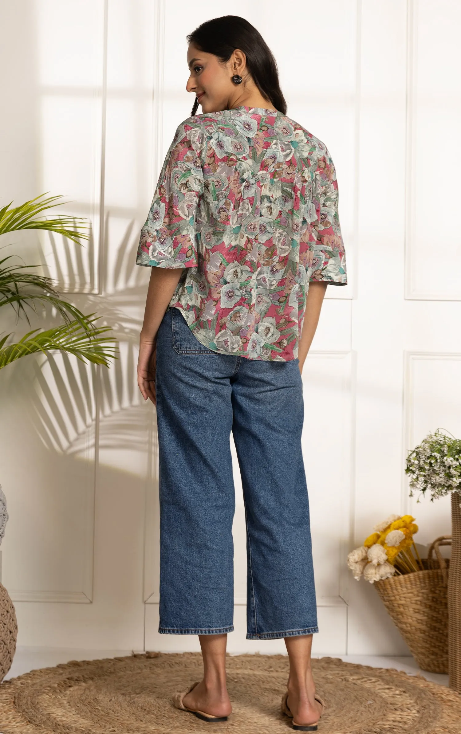 Pink With Green Crepe Ready-To-Wear Digital Printed Ready To Wear Top
