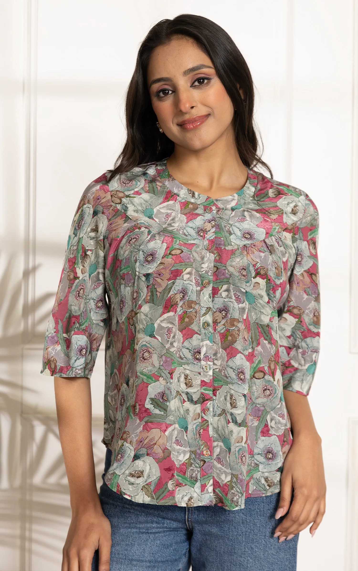 Pink With Green Crepe Ready-To-Wear Digital Printed Ready To Wear Top