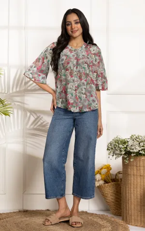 Pink With Green Crepe Ready-To-Wear Digital Printed Ready To Wear Top