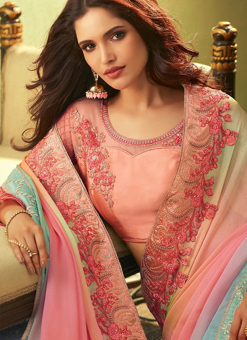 Pink With Multicolour Shaded Minimalist Embroidered Saree