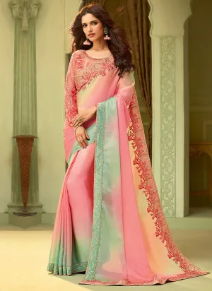 Pink With Multicolour Shaded Minimalist Embroidered Saree