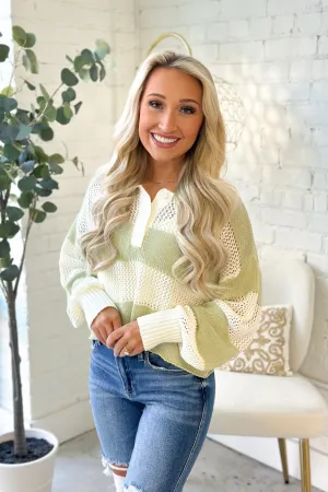 Pistachio Striped Crochet Long Sleeve Top