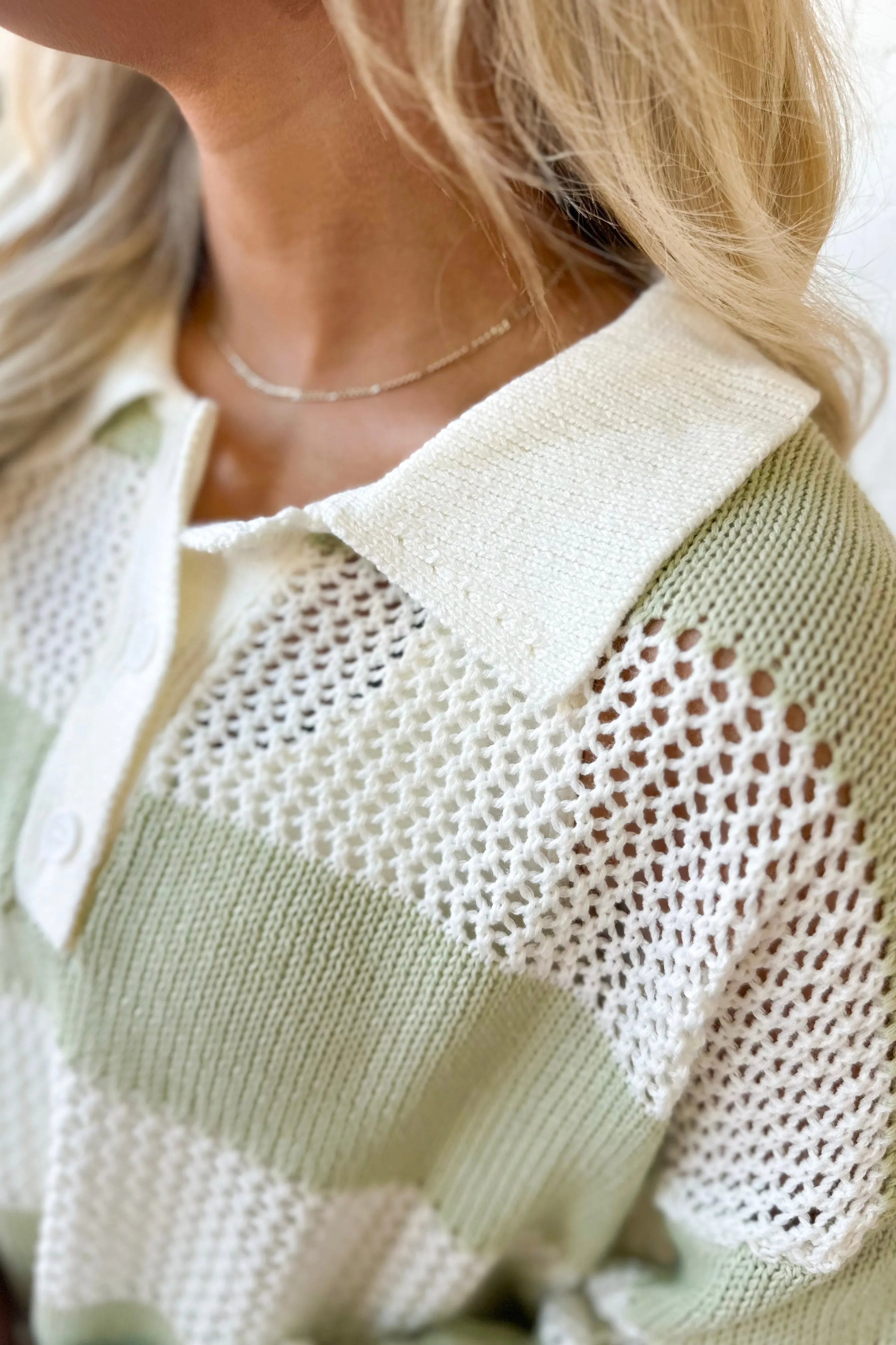Pistachio Striped Crochet Long Sleeve Top