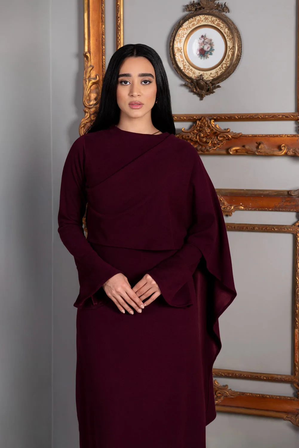 Plum Elegance Modest Dress with Shawl