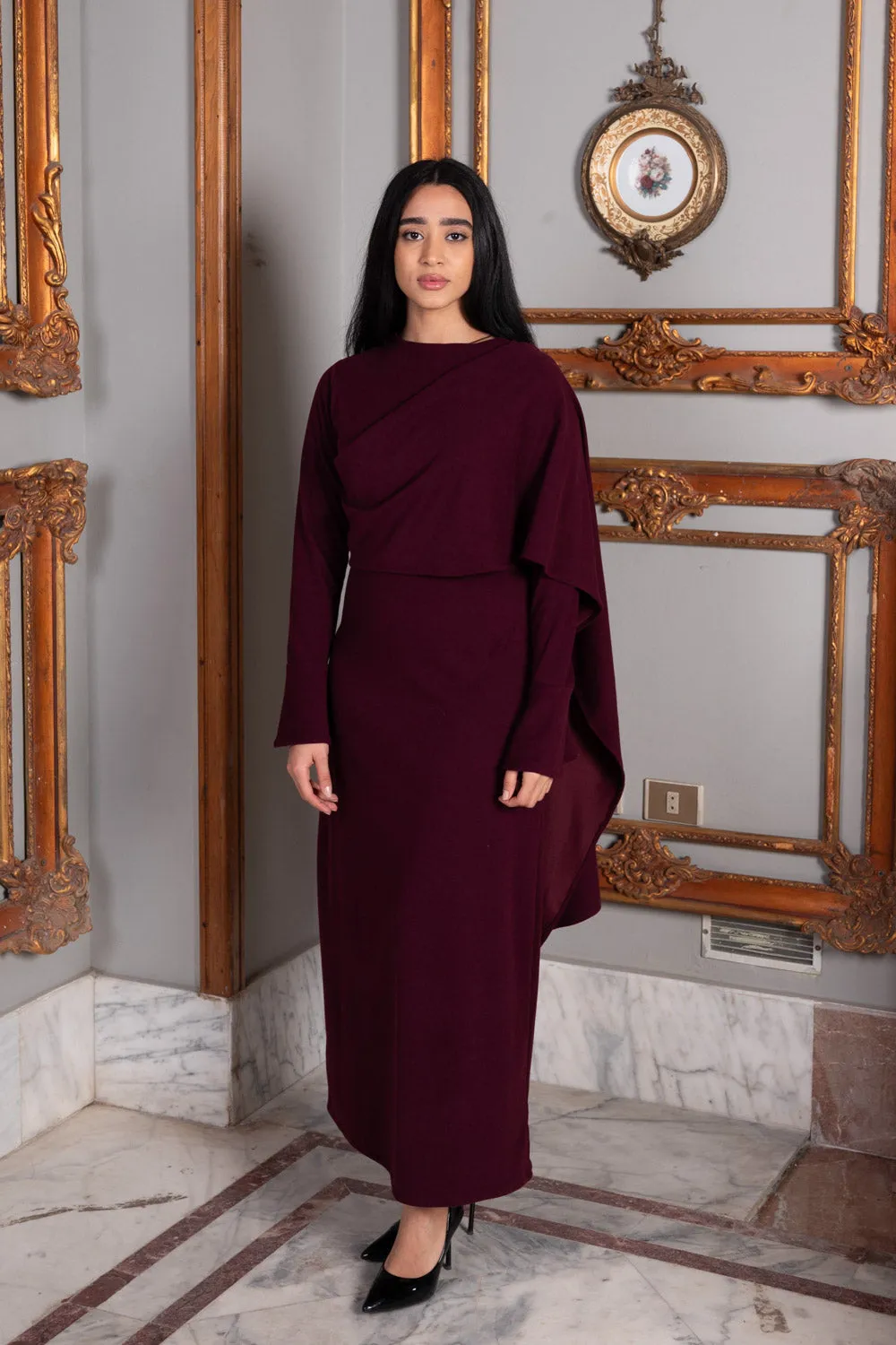 Plum Elegance Modest Dress with Shawl