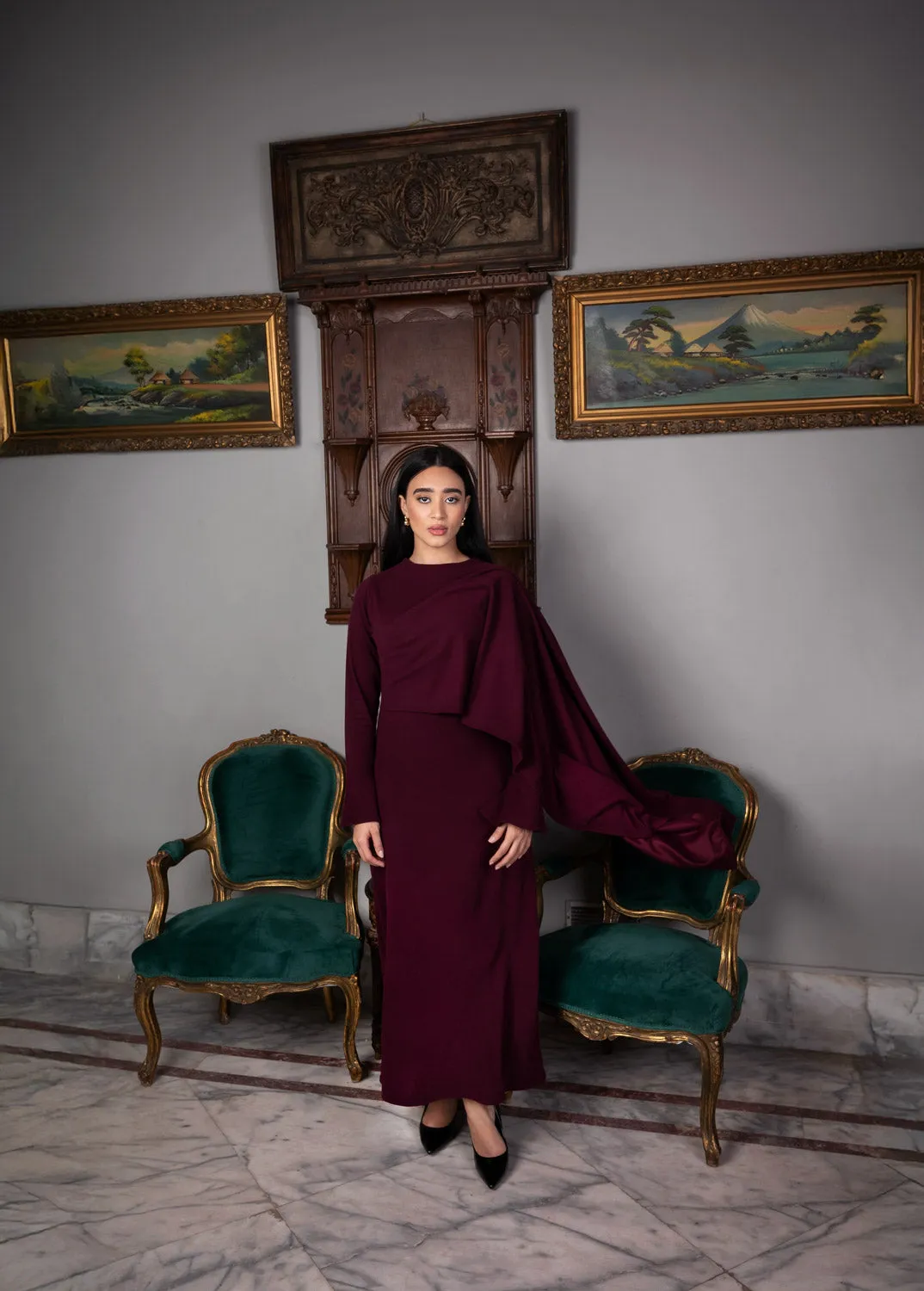 Plum Elegance Modest Dress with Shawl