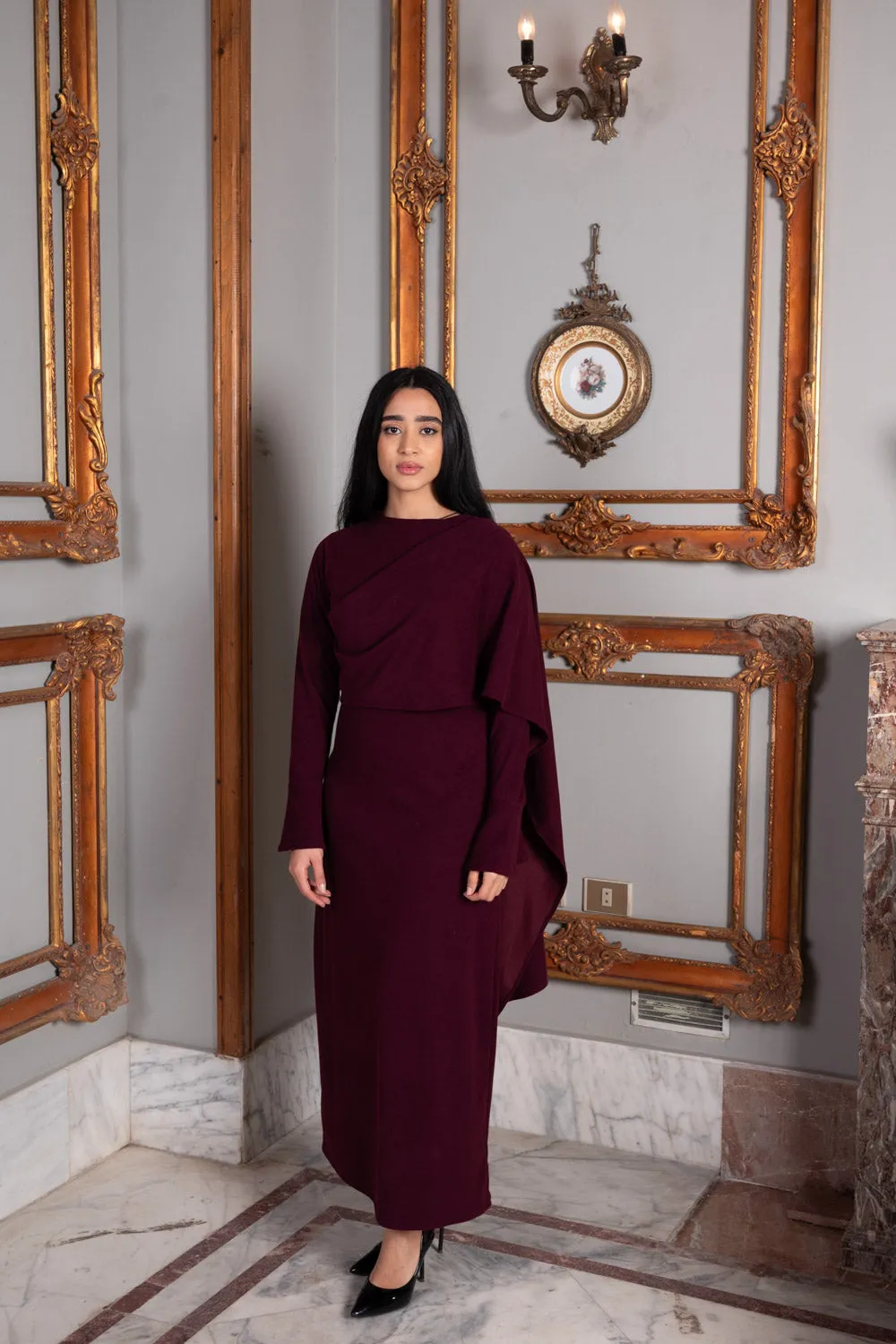 Plum Elegance Modest Dress with Shawl