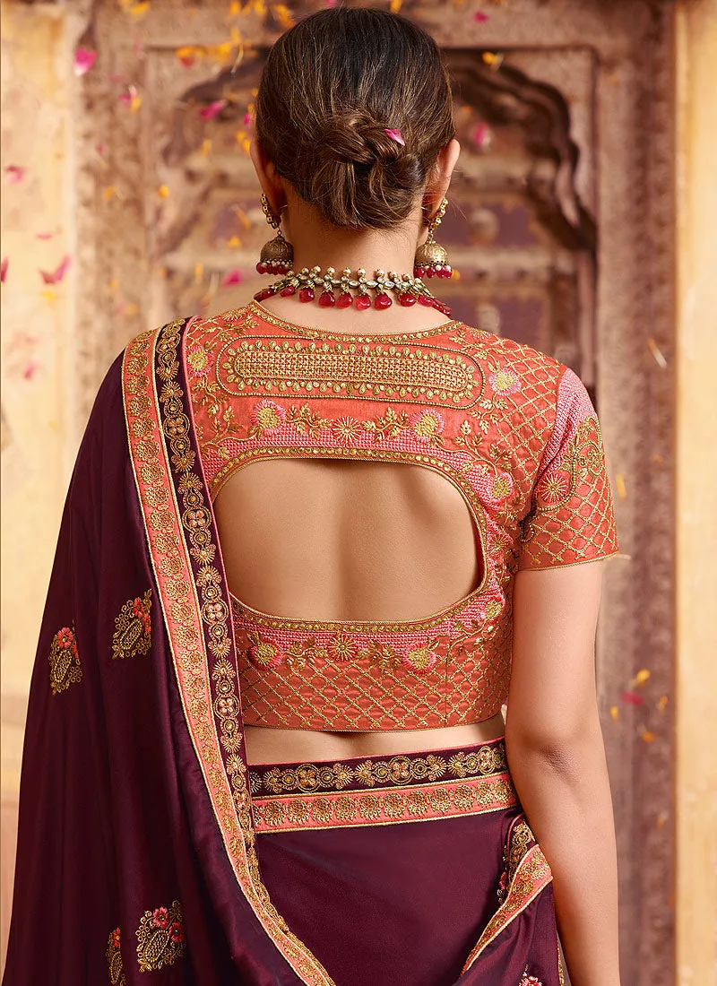 Plum Purple And Orange Zari Embroidered Traditional Saree