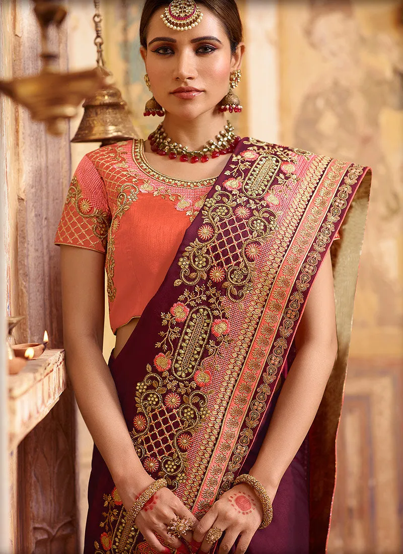 Plum Purple And Orange Zari Embroidered Traditional Saree