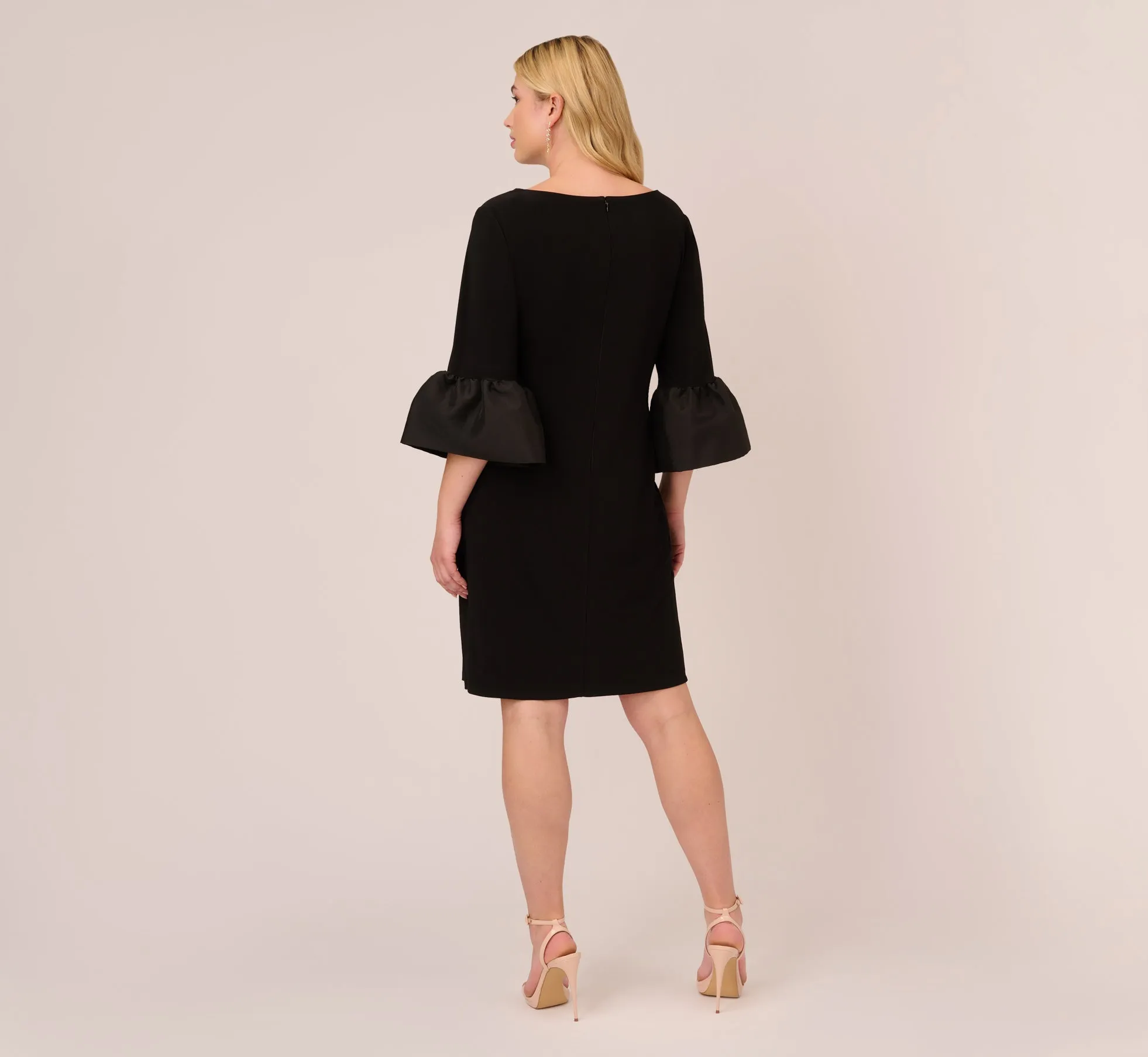 Plus Size Draped Jersey Short Sheath Dress With Bell Cuffs In Black