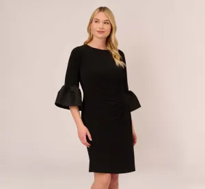 Plus Size Draped Jersey Short Sheath Dress With Bell Cuffs In Black