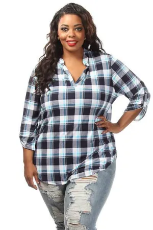 Plus Size Plaid Unique Print Button Down Top