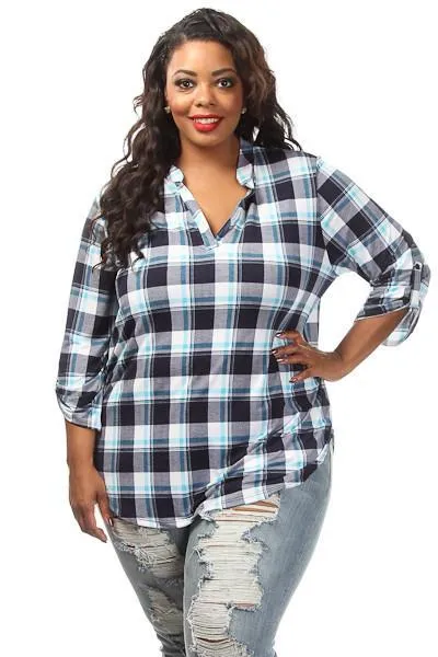 Plus Size Plaid Unique Print Button Down Top