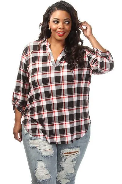 Plus Size Plaid Unique Print Button Down Top