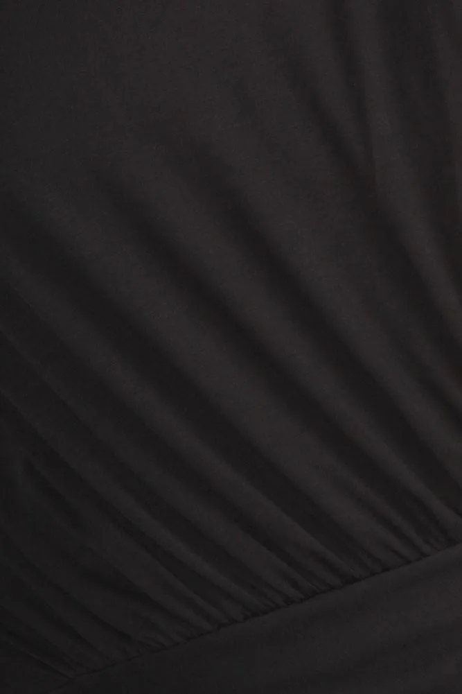 Plus Size Sexy Draped Surplice Black Midi Dress