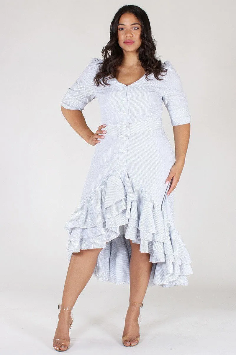 Plus Size Striped Sweetheart Ruffled Skirt Belted Dress [PRE-ORDER 25% OFF]