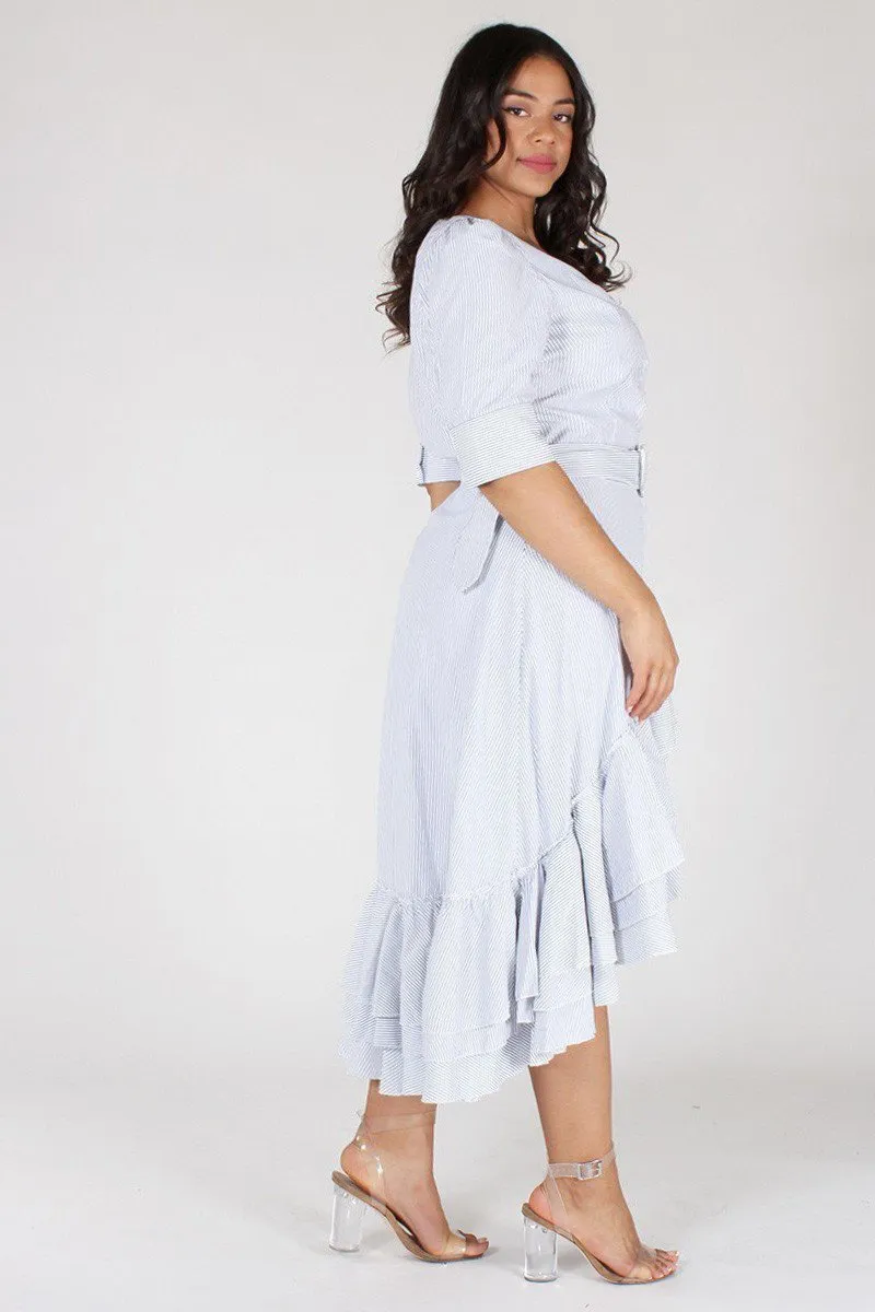 Plus Size Striped Sweetheart Ruffled Skirt Belted Dress [PRE-ORDER 25% OFF]